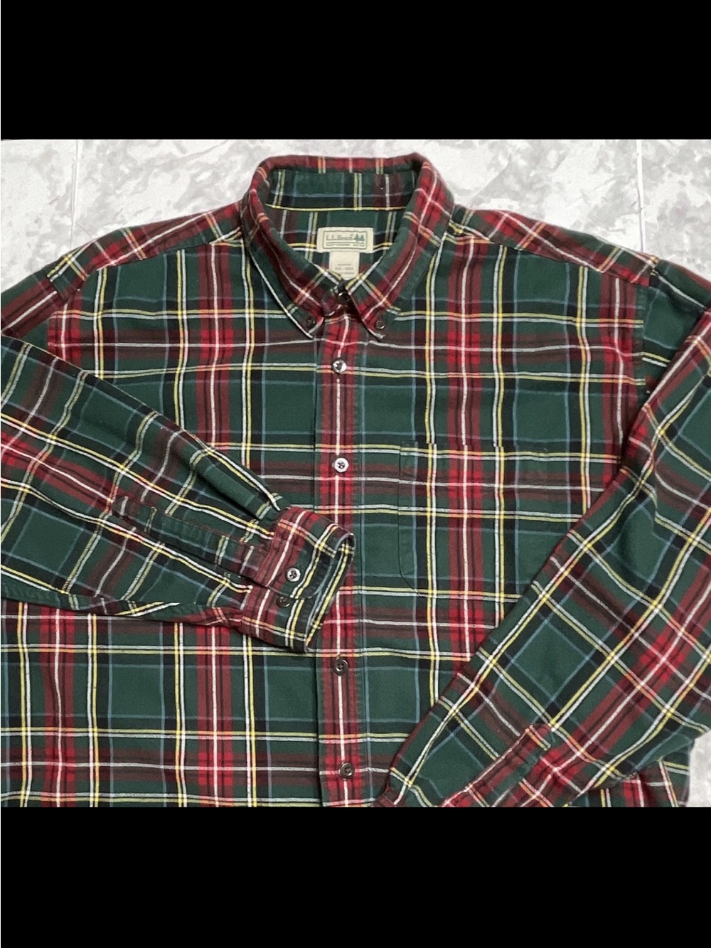 L.L.Bean Men's Flannel XXL Reg plaid Holiday Green Red Yellow 100% Cotton